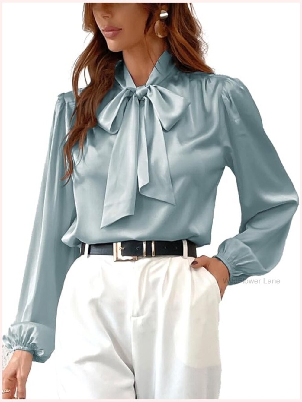 Long Sleeve Satin Blouse Bow Tie Mock Neck Dressy Work Top